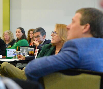 Photo by William Kincaid/The Daily Standard. Wright State University President Susan Edwards, center, and summit attendees listen to a presenter at WSU-Lake Campus' 2025 Regional Workforce Summit on Wednesday. Photo by William Kincaid/The Daily Standard