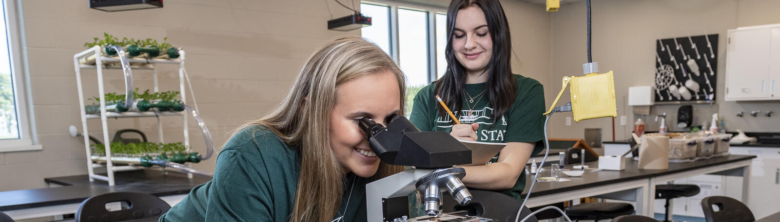 photo of two students working in a lab at the lake campus