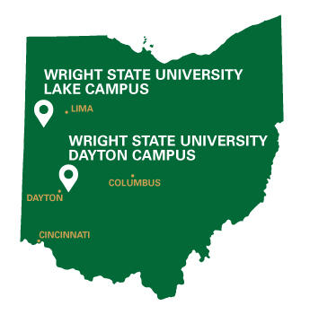 Map of Ohio showing with markers for Wright State University Lake Campus and Dayton Campus