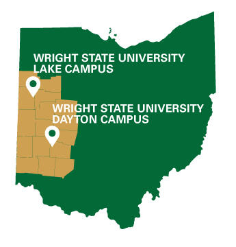 Map of Ohio with 16 western counties highlighted, and markers for Wright State University Dayton and Lake campuses